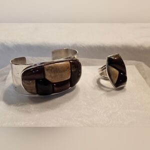 Sterling Silver Tiger’s Eye & Black Onyx Cuff Bracelet + Ring Set